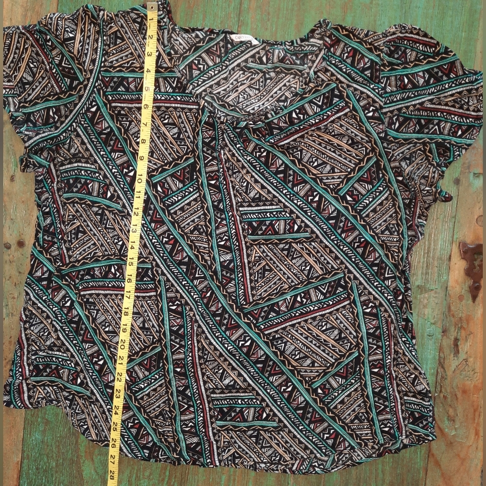 CATO Bohoblack, turquoise, rust & white abstract short sleeve size 3x blouse EUC - Picture 8 of 8